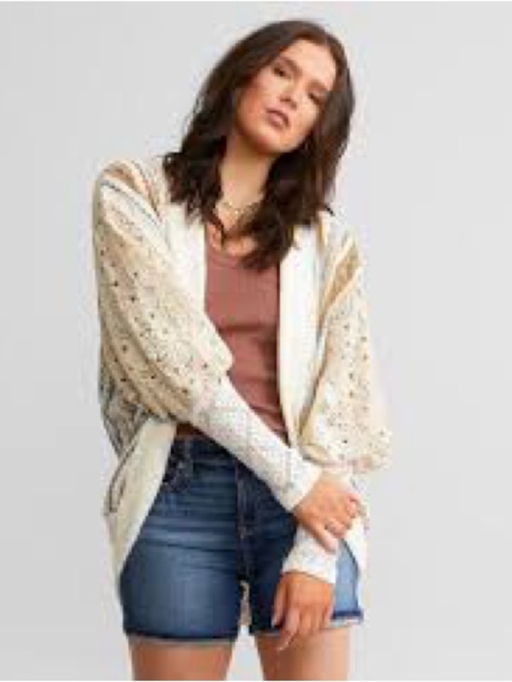 Miss Me Cream Open-Knit Cardigan with Balloon Sleeves